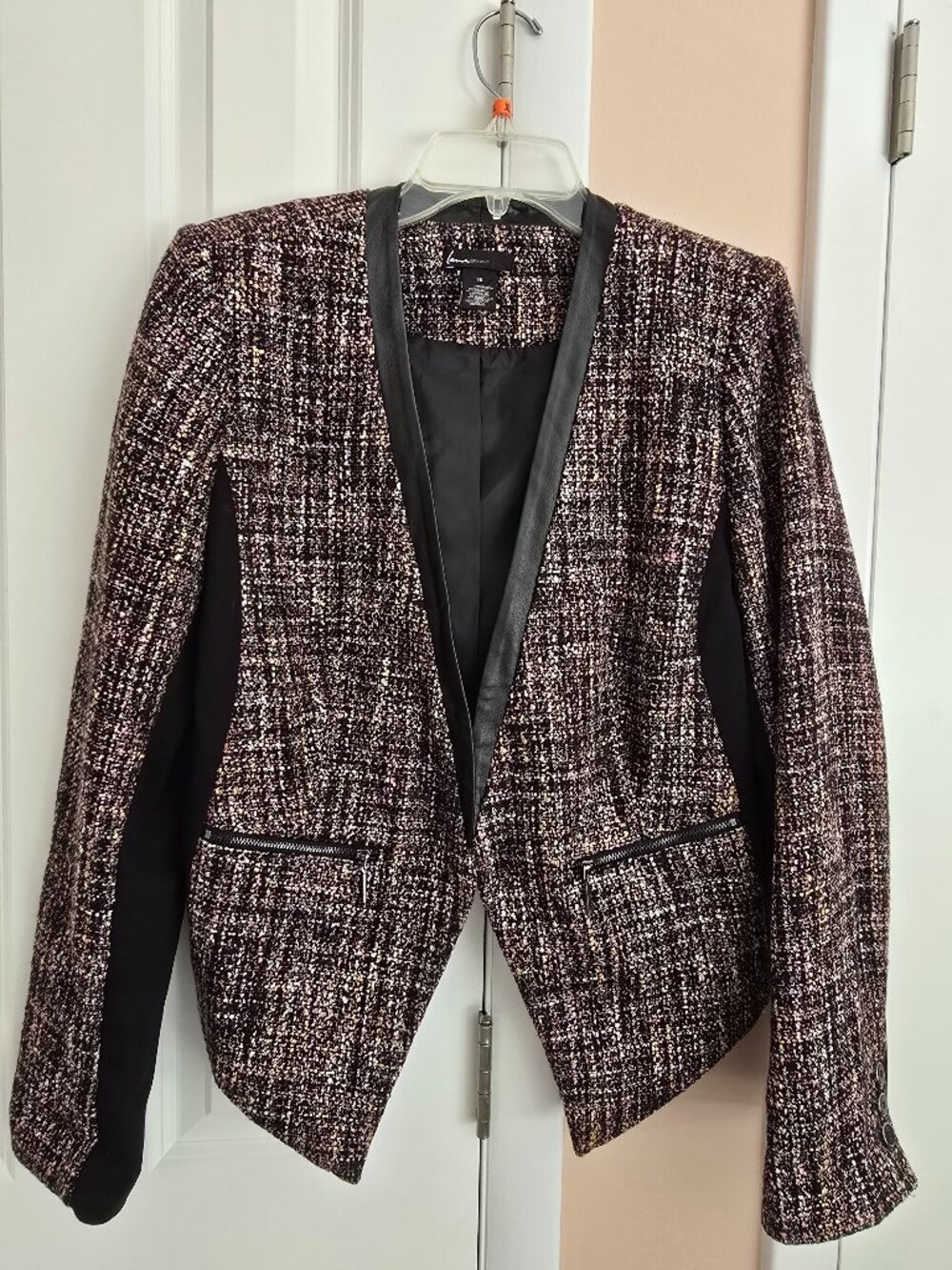 Lane Bryant Faux Leather Trim Tweed Open Front Blazer Jacket Burgundy Multi Size